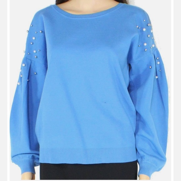 I•N•C International Concepts Pearl Embellished Pullover Sweater, Blue, Size XL - Picture 3 of 16